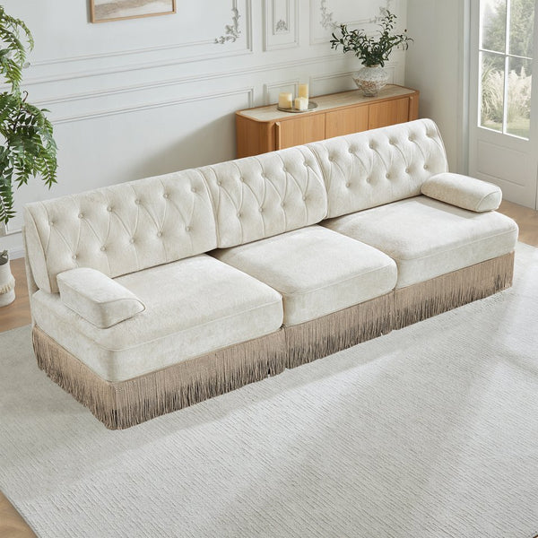 English Elm 3-seater Velvet Sofa with Button Tufting Tassel Fringe Skirt Modular Living Room Design Beige W714S01684