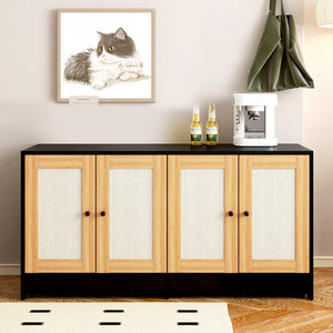 English Elm Double Double Litter Box Enclosure with Rattan Doors for 2 Cats, Sisal Scratching Panels, Wheels, Oak Finish W1687P181573