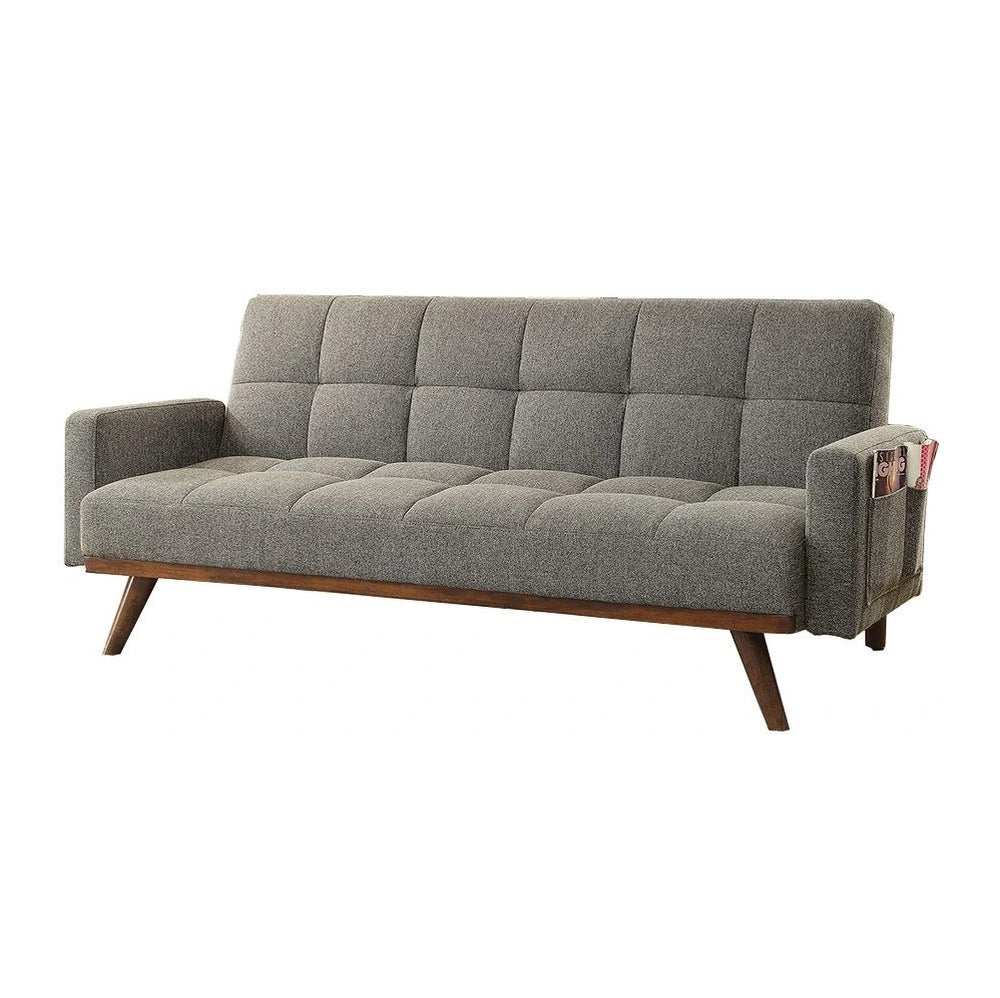 English Elm Futon Mid-Century Gray Linen Sofa Bed with Tufted Back, Angled Wood Legs & Side Pockets, Versatile B2741P298389