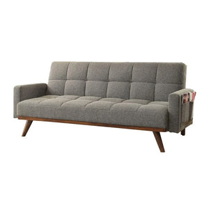 English Elm Futon Mid-Century Gray Linen Sofa Bed with Tufted Back, Angled Wood Legs & Side Pockets, Versatile B2741P298389