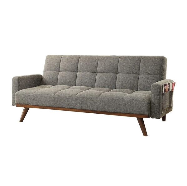 English Elm Futon Mid-Century Gray Linen Sofa Bed with Tufted Back, Angled Wood Legs & Side Pockets, Versatile B2741P298389
