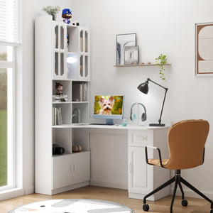 English Elm L-Shaped Corner Computer Desk with Hutch & Drawers, Space-Saving 2-in-1 Design and Ample Storage White W331S00169