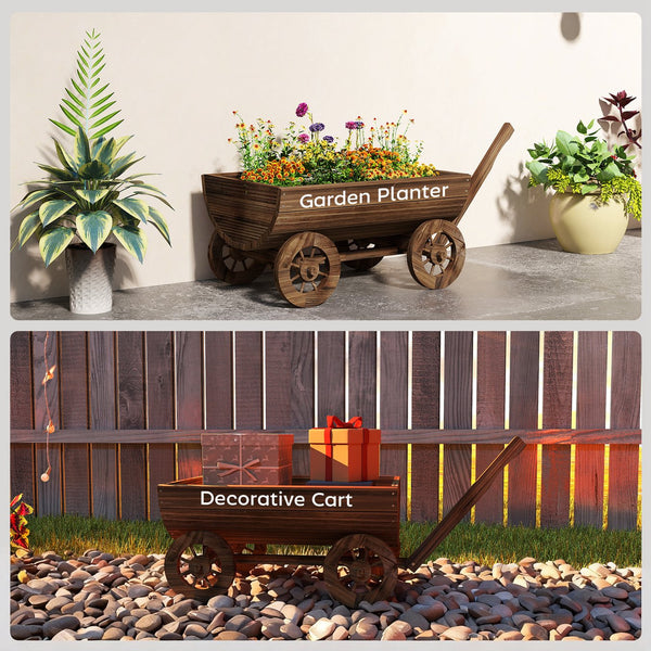 English Elm Outsunny Carbonized Fir Wood Wagon Planter on Wheels Rustic Farmhouse Garden Cart W2225P485575