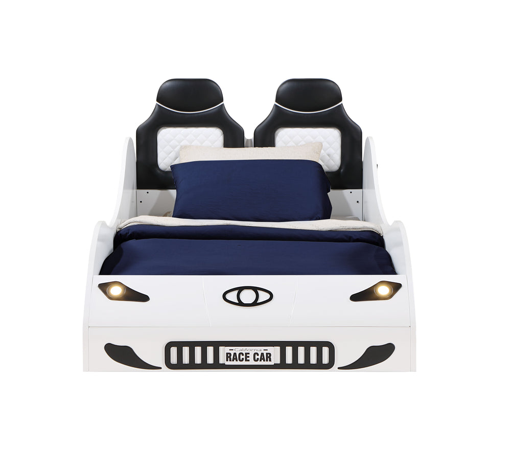 English Elm Colen Twin Car Bed with LED Lights, White PU Upholstery, Wheels Trim, No Box Spring Needed – Kid's Stylish Sleep Racer B2726S00074