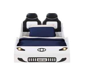English Elm Colen Twin Car Bed with LED Lights, White PU Upholstery, Wheels Trim, No Box Spring Needed – Kid's Stylish Sleep Racer B2726S00074