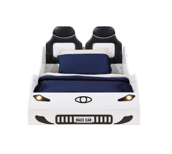 English Elm Colen Twin Car Bed with LED Lights, White PU Upholstery, Wheels Trim, No Box Spring Needed – Kid's Stylish Sleep Racer B2726S00074