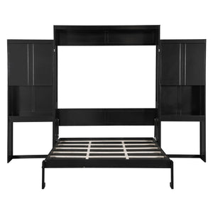 English Elm Queen Size Murphy Bed With Integrated Desk, Flip-Up Vanity & Storage Cabinets In Espresso Finish N820S10057P-GIGA