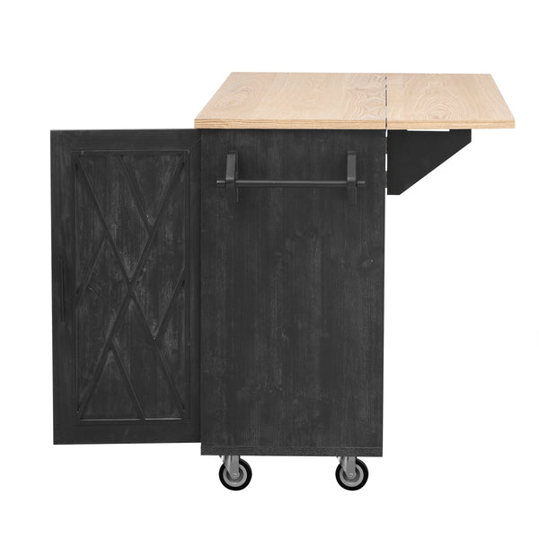 English Elm K&K Farmhouse Kitchen Island with Geometric Twill Doors, ASH Bark Top, Drop Leaf & Lockable Wheels Black N707P221444B