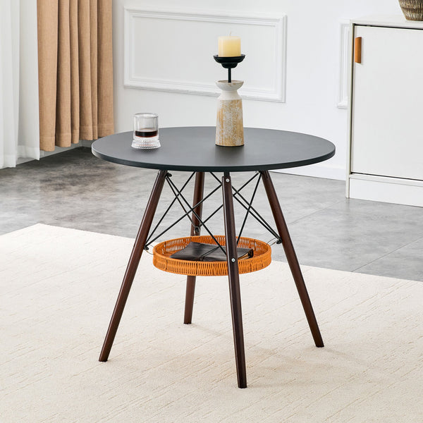 English Elm 31.5-inch Round Dining Table Solid Legs Woven Basket Storage Compact Modern Minimalist Walnut+Black W1151P431130