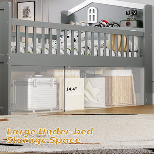 English Elm Twin Bed Frame with Storage Drawers and House Headboard, Kids Platform Bed with Guardrail Ladder and Shelf Gray 49.3 L x 16.25 W x 7.75 H N733S278032E