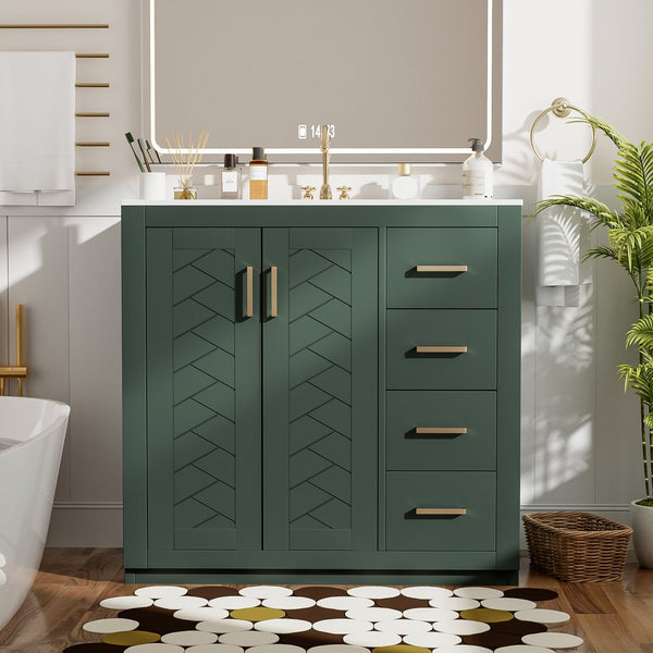 English Elm 36'' Bathroom Vanity with Ceramic Sink Combo Solid Wood Frame Soft-Closing Drawers Ample Storage Elegance Green N710P243327F