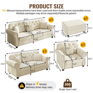 English Elm Upholstered Velvet Chesterfield Sofa Set with Button Tufting Nailhead Trim and Ottoman Beige+White W1885S00388