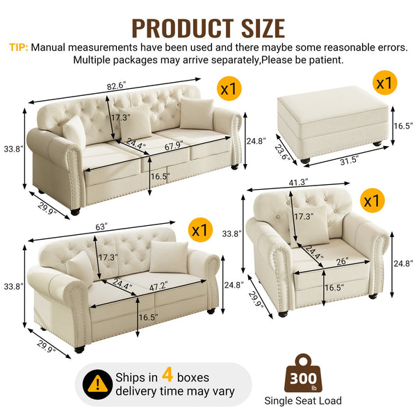 English Elm Upholstered Velvet Chesterfield Sofa Set with Button Tufting Nailhead Trim and Ottoman Beige+White W1885S00388