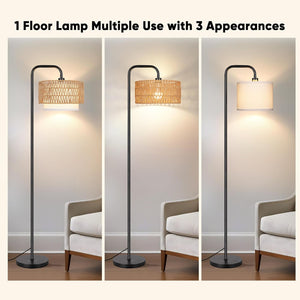 English Elm 68''Floor Boho Farmhouse Lamp with Remote & Pedal, 3Temp Dimmable LED, Rattan + Linen Shades, Black W3355P391496