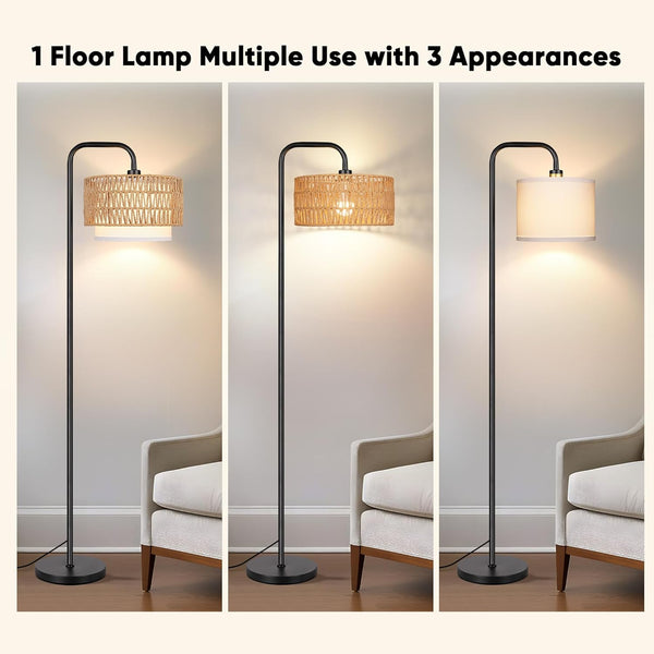 English Elm 68''Floor Boho Farmhouse Lamp with Remote & Pedal, 3Temp Dimmable LED, Rattan + Linen Shades, Black W3355P391496