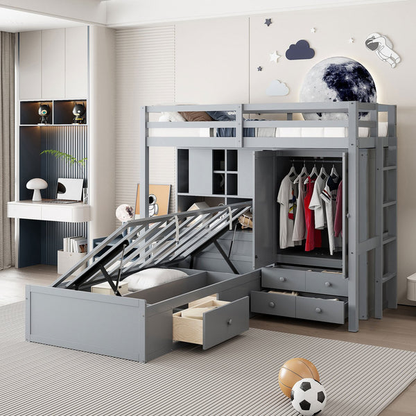 English Elm Twin Bunk Bed with Wardrobe Drawers Hydraulic Lift Shelves Kids Storage Gray LT000666AAE-1