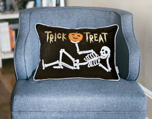 English Elm Trick Or Treat Skeleton Velvet Throw Pillow - Luxurious Black Accent For Spooky Halloween Decor B357P360658-GIGA