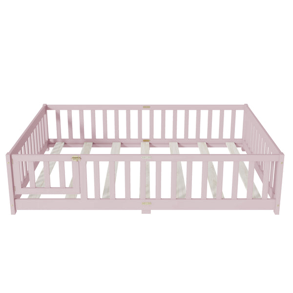 English Elm Full Size Rubberwood Floor Bed with Safety Guardrails and Latching Door for Toddlers Pink W504P429304