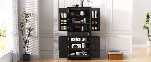 English Elm K&K 71" Tall Farmhouse Pantry Cabinet with Groove Edges, 3 Pull-Out Organizers, 6 Door Shelves Black N707P256507B