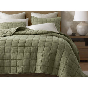 English Elm 3-piece French Linen Quilt Set Garment Washed Breathable Box Stitched Bedding Olive Green B035P408301