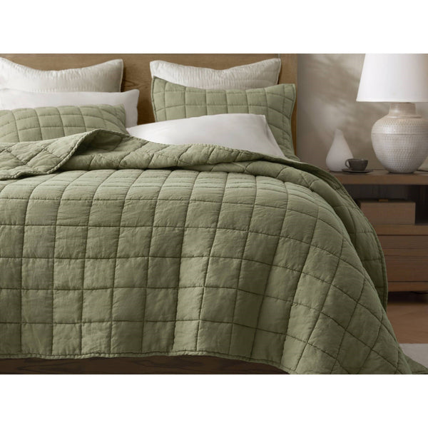 English Elm 3-piece French Linen Quilt Set King Garment Washed Box Stitch Breathable Bedding Olive Green B035P408302