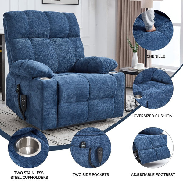 English Elm Dual Motor Power Lift Recliner with Massage Heat and Leatherair Upholstery for Living Room Blue W3224P290205