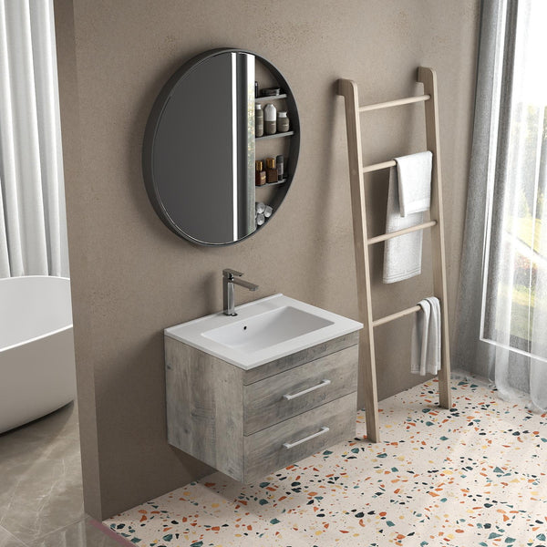 English Elm 24-Inch Modern Grey Wood Grain Wall-Mounted Bathroom Vanity With Soft-Close Drawers & Sink W3151S00014