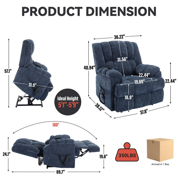 English Elm Dual Motor Power Lift Recliner Chenille Chair with Massage Heat and Infinite Positions Blue W3224P288489