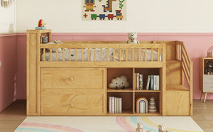 English Elm Twin Loft Bed with Built-In Stairs, Shelves, Hanging Rod & 2 Drawers for Space-Saving Kids Room Natural 45.87 L x 18.5 W x 10.83 H W2593S00005