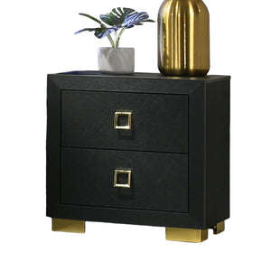 English Elm Modern Nightstand Black Melamine 24"W x16"D x24"H — Gold Trim, Square Pulls, Center Glide Drawers, Dovetail Construction B2741P324374