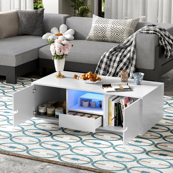 English Elm Vibe Modern High Gloss Rectangle Coffee Table With Storage & 16-Color Led Lights For Stylish Living Room N724P294656K-GIGA