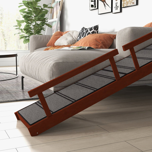 English Elm Wooden Pine Dog Ramp with Guardrails and Carpet Tread for Beds or Sofas T3971P406550