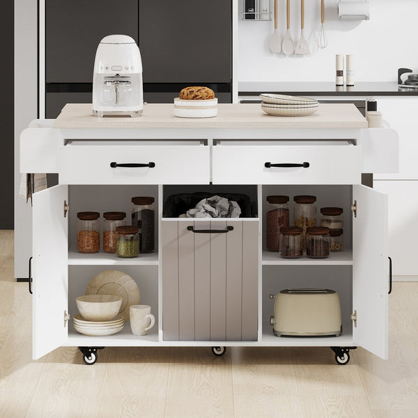 English Elm K&K Kitchen Island with Tilt-Out Trash Can, Drop Leaf Counter, Adjustable Shelf, Rolling Cart Ameican White Oak WF326381AAW