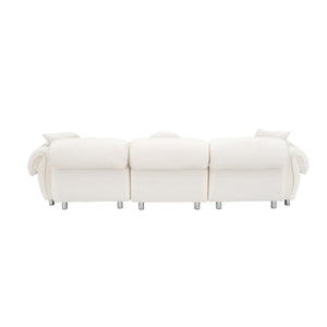 English Elm 112 Plush Teddy Velvet Sofa 112" x 38.2" x 28.3" with Metal White Legs, 3-Person Seating, 3 Pillows, 500lb Capacity Beige W1278S00050
