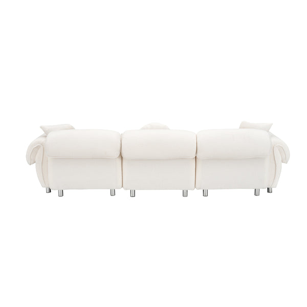 English Elm 112 Plush Teddy Velvet Sofa 112" x 38.2" x 28.3" with Metal White Legs, 3-Person Seating, 3 Pillows, 500lb Capacity Beige W1278S00050