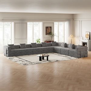 English Elm 8 Seater Corduroy Floor Sofa Bed with Storage Pockets and Modular Cushion Design W3505S00024