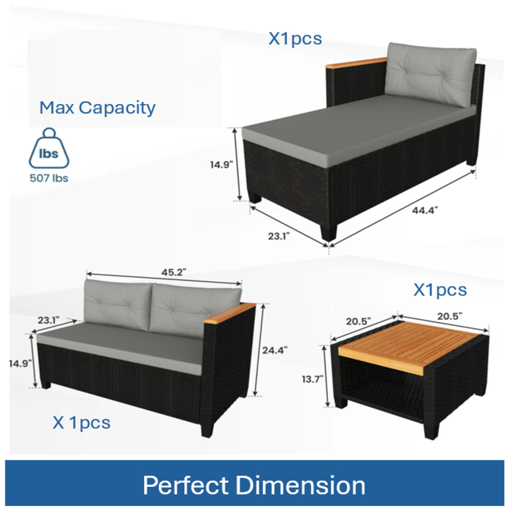 English Elm 3-piece Outdoor Pe Rattan L-shaped Sectional with Acacia Storage Table for Patio Black+Grey B082P455129