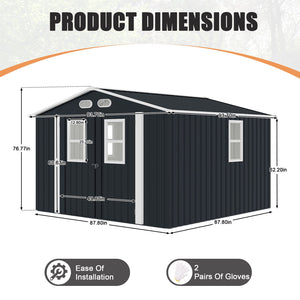 English Elm Outdoor Metal Storage Shed 8x8 Ft with Four Windows and Lockable Double Doors Dark Gray W1598S00041