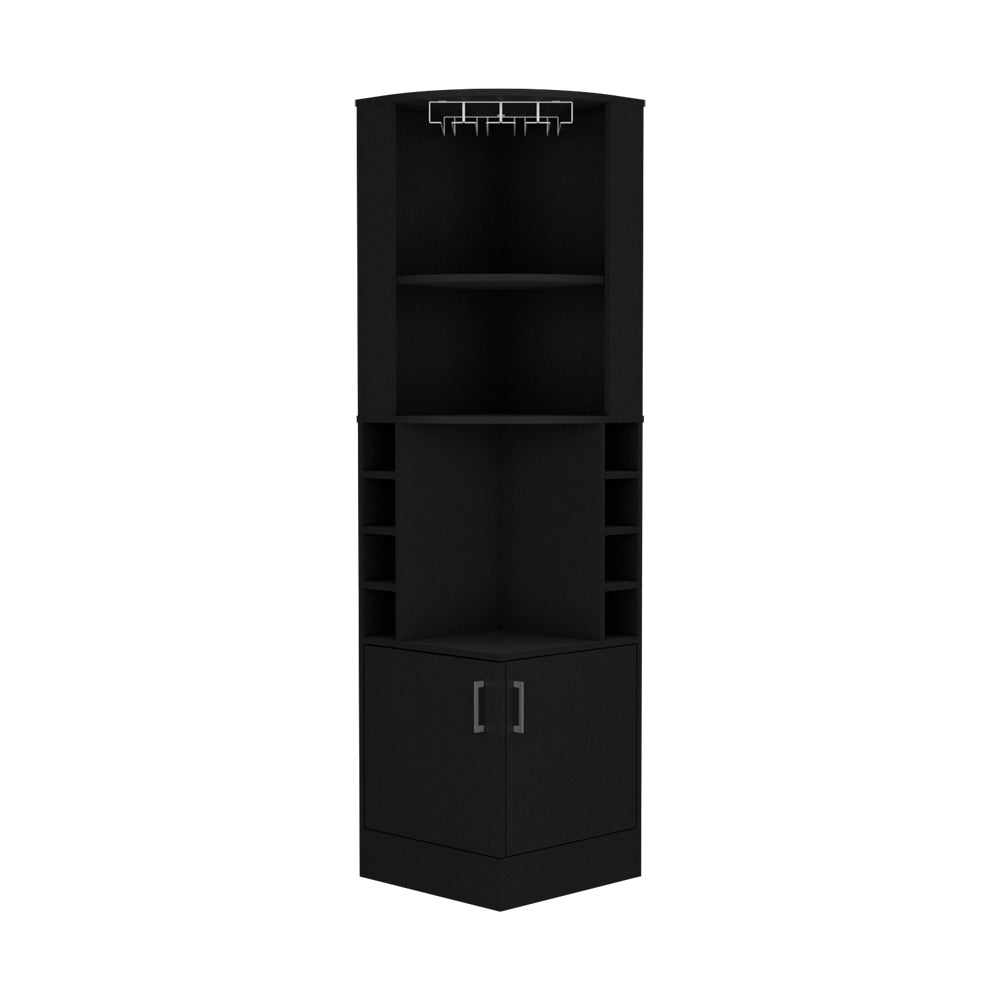English Elm Corner Bar Cabinet Atanasio Black — Space-Saving Corner Wine Storage with Glass Rack, 8 Cubbies, Durable Materials B092S00012