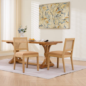 English Elm Farmhouse Rattan Back Dining Chairs Set of 2 with Linen Seat and Hardwood Legs Tan W1143P452937