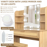 English Elm Vanity Desk Set Stool & Dressing Table With Led Lighting Mirror Drawer and Compartments Modern Wood Cosmetic Table Chest Of Drawers Nature Color