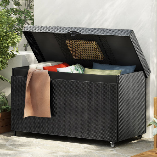 English Elm K&K 200 Gallon Wicker Deck Box with Lockable Lid, Hydraulic Pistons, Wheels, Weatherproof Storage Black N707P245457B