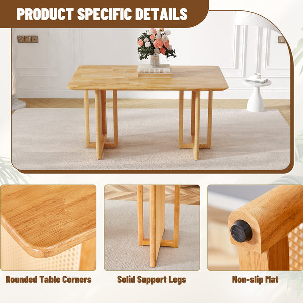 English Elm Table and Chair Set Rubberwood Dining with Rattan Legs Six Cushioned Fabric Seats W1151S03054