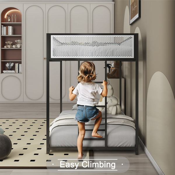 English Elm Adam Twin Over Twin Metal Bunk Bed In Black With White Mesh Guardrails - Safe, Stylish, Space-Saving! B083P170084