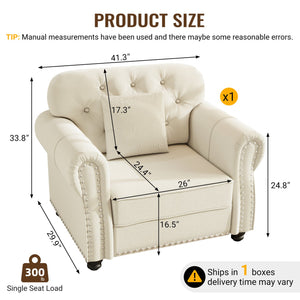 English Elm 41.3"upholstered Velvet Single Seat Sofa Button Tufted Nailhead Trim Mid-century Chesterfield Beige+White W1885P448720