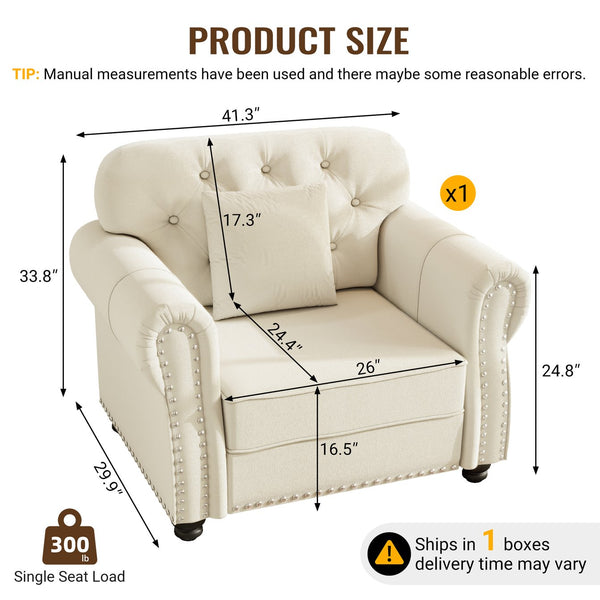 English Elm 41.3"upholstered Velvet Single Seat Sofa Button Tufted Nailhead Trim Mid-century Chesterfield Beige+White W1885P448720