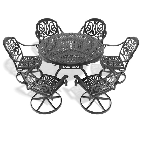 English Elm 7-Piece All-Weather Cast Aluminum Dining Set With 6 Swivel Chairs & Cushions For Ultimate Comfort W1710S00441