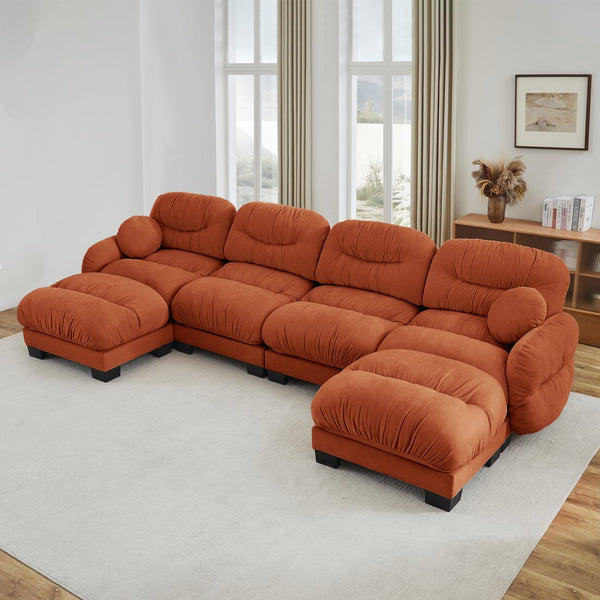 English Elm Pleated Chenille U-shape Modular Sectional Sofa with Ottomans and Ergonomic Foam Cushions Orange W5656S00072