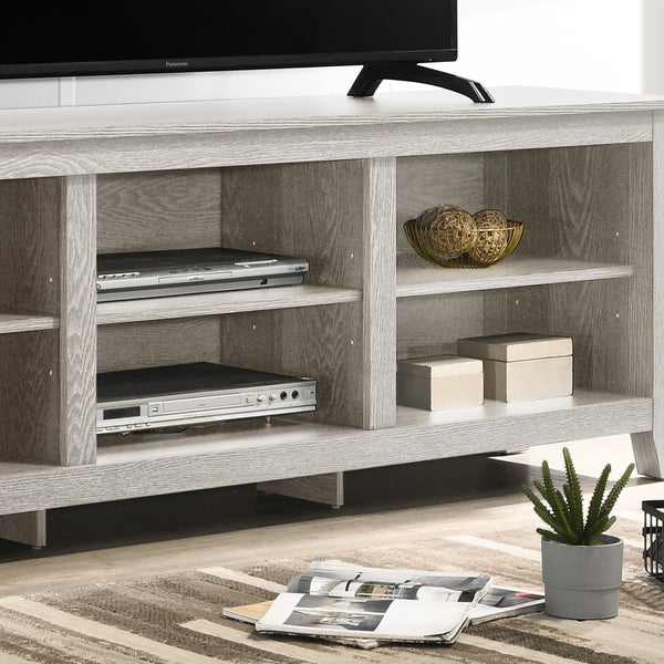 English Elm Tropea 58 Inch Open Shelf Media Console with Oak Finish and Cord Management Light Gray B2749P413245
