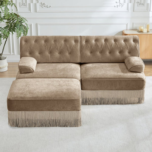 English Elm L-shaped Velvet Chesterfield Sectional Sofa with Tassel Skirt and Tufted Modular Design Camel W714S01695